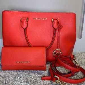 Red Michael Kors Purse and Wallet Set